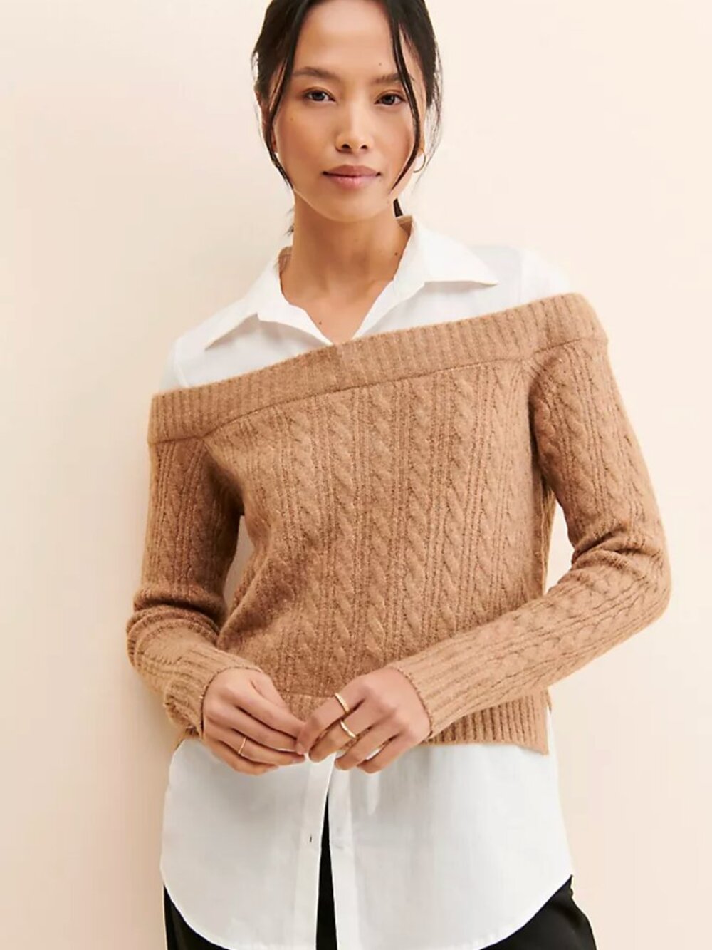 NWT Anthropologie Flat White Sweater Twofer Layered Off-Shoulder Cable Knit S